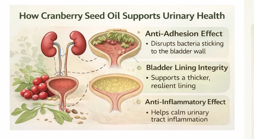 Diagram showing how cranberry seed oil supports bladder lining integrity and urinary health in dogs