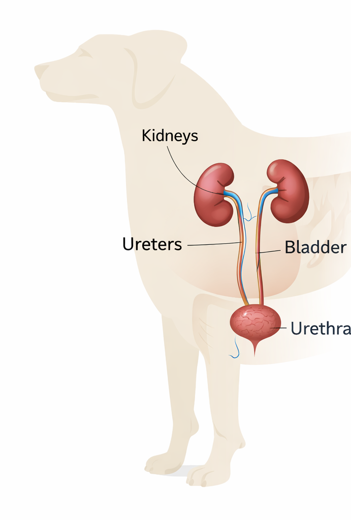 Diagram of the canine urinary system showing kidneys, bladder, ureters, and urethra