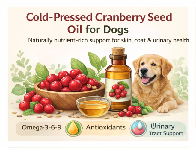 Cold-pressed cranberry seed oil for dogs supporting skin, coat, and urinary health