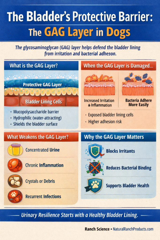 Diagram showing the protective GAG layer lining the bladder in dogs and how damage increases bacterial adhesion and inflammation.