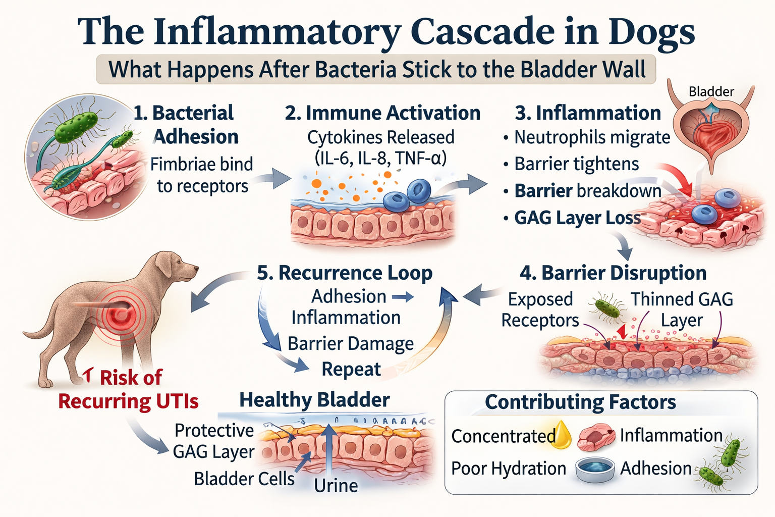 Infographic showing the inflammatory cascade in dogs after bacterial adhesion to the bladder wall.