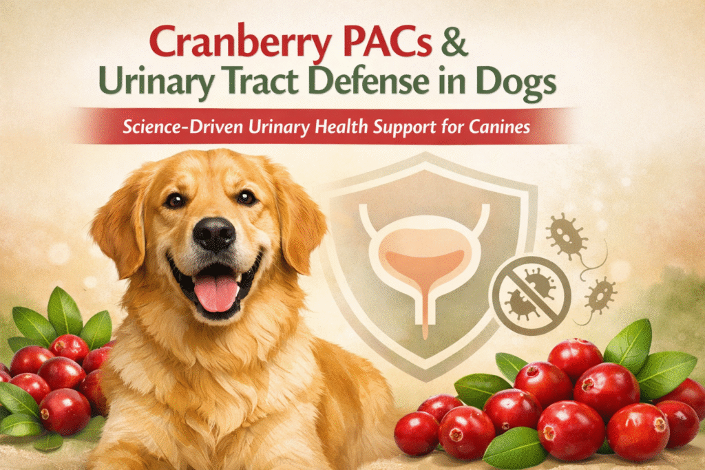 A happy Golden Retriever surrounded by fresh cranberries, with a shield icon representing urinary tract protection, illustrating cranberry PACs supporting dog urinary health.