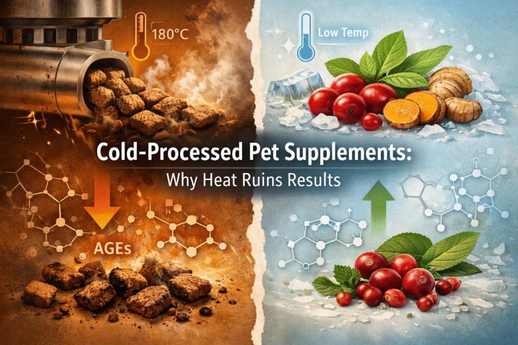 Split-view comparison showing high-heat extrusion degrading pet supplement nutrients versus cold-processing preserving intact ingredients and molecular structure.