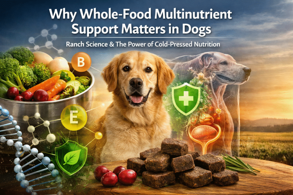 Illustration showing how daily multivitamin nutrients support immune function, inflammation balance, and cellular health in dogs.