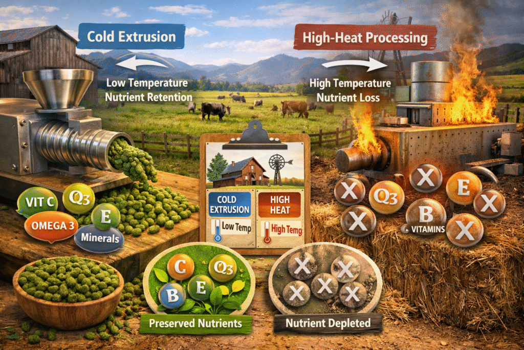 Side-by-side ranch infographic comparing cold extrusion and high-heat processing of supplements, showing preserved vitamins and omega-3s with low temperature processing versus nutrient loss under high heat.