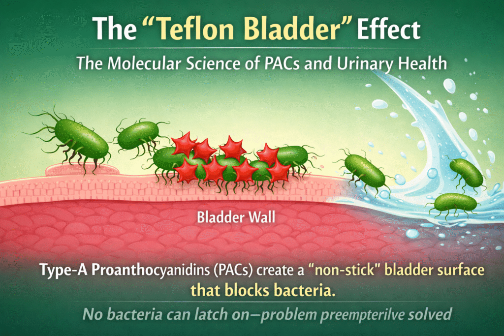 Diagram showing how Type-A Proanthocyanidins prevent bacteria from attaching to the bladder wall