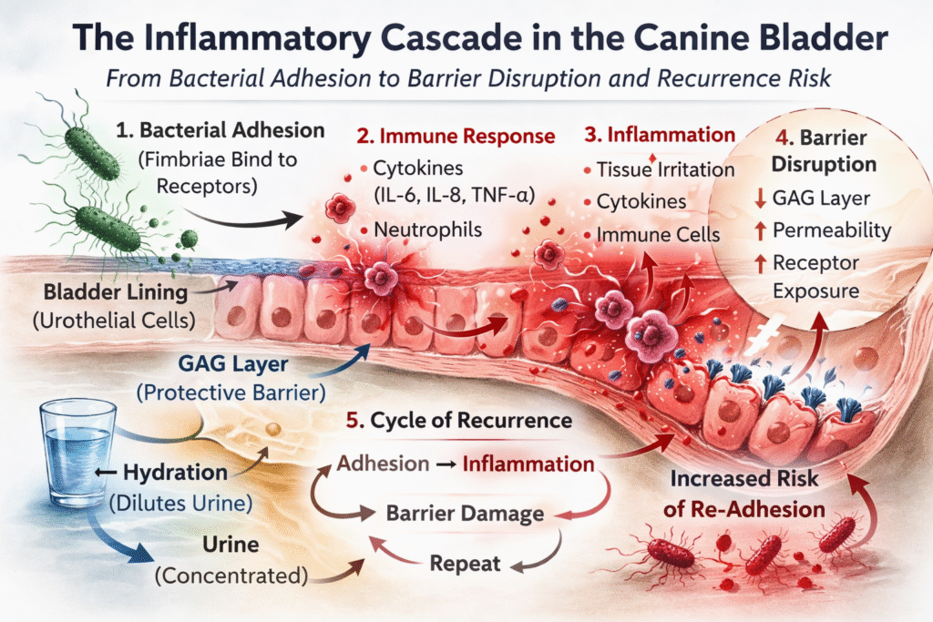 Detailed infographic explaining the bladder inflammation cycle and recurrence risk in canine urinary tract issues.