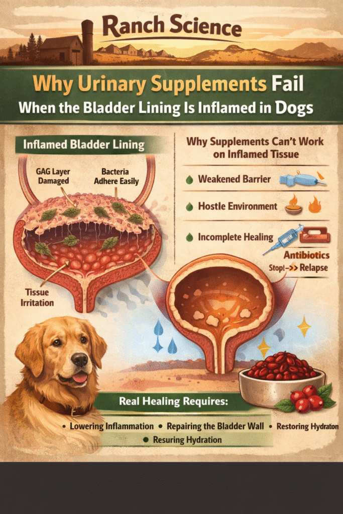 Diagram showing how bladder lining inflammation in dogs allows bacteria to adhere and explains why urinary supplements fail without tissue healing and hydration