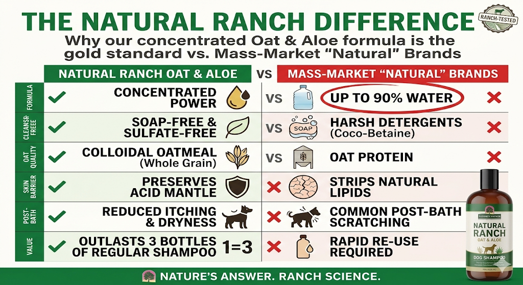 Comparison chart showing Natural Ranch Oat and Aloe dog shampoo is concentrated and soap-free vs mass-market brands that are 90% water.