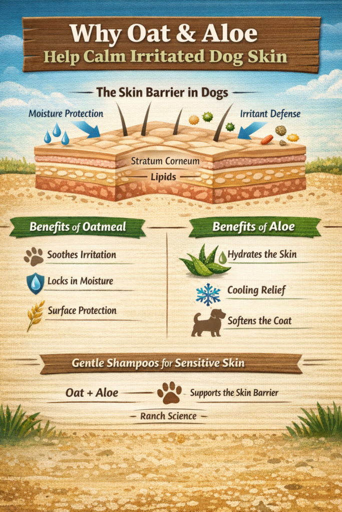 Why oat and aloe help calm irritated dog skin infographic showing how colloidal oatmeal and aloe vera support the canine skin barrier moisture retention and irritation relief