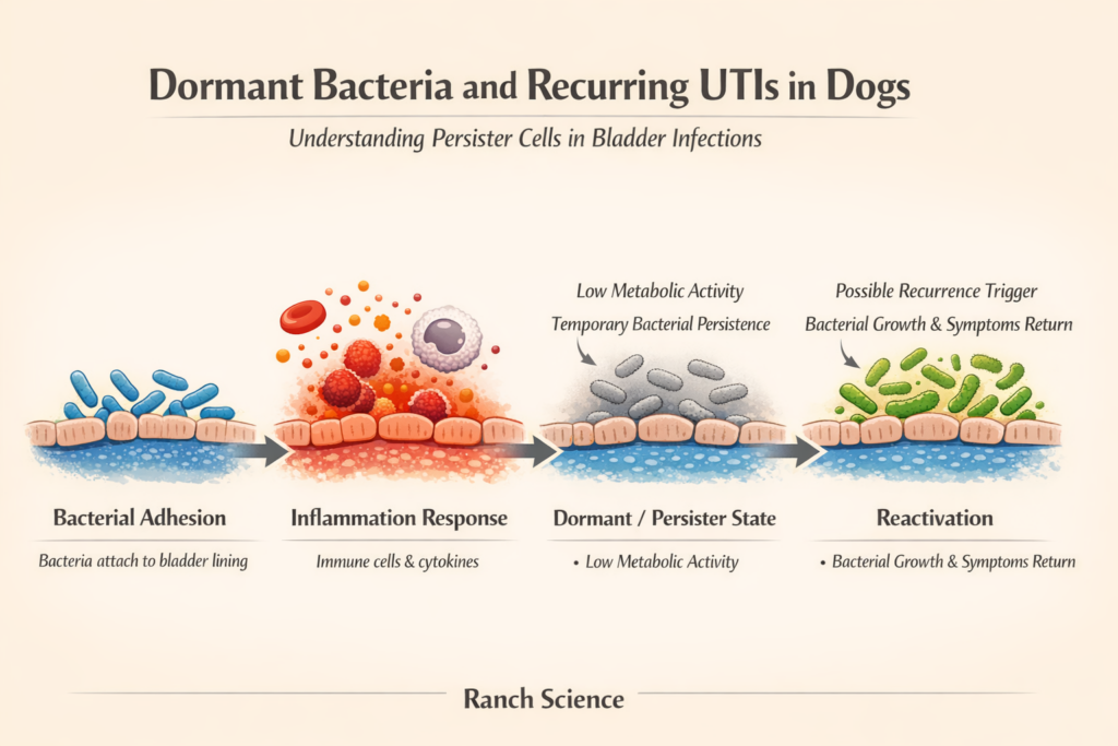 Infographic explaining how dormant bacteria or persister cells may persist in the bladder after infection and later reactivate, contributing to recurring urinary tract infections in dogs.