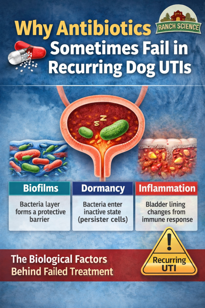 Scientific infographic showing why antibiotics sometimes fail in recurring dog UTIs, highlighting biofilms, dormant bacteria (persister cells), and inflammation affecting the bladder lining.