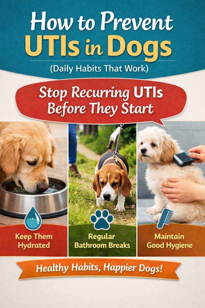 Infographic showing how to prevent UTIs in dogs through hydration, regular bathroom breaks, and proper hygiene to support urinary health and dogUTIprevention. 