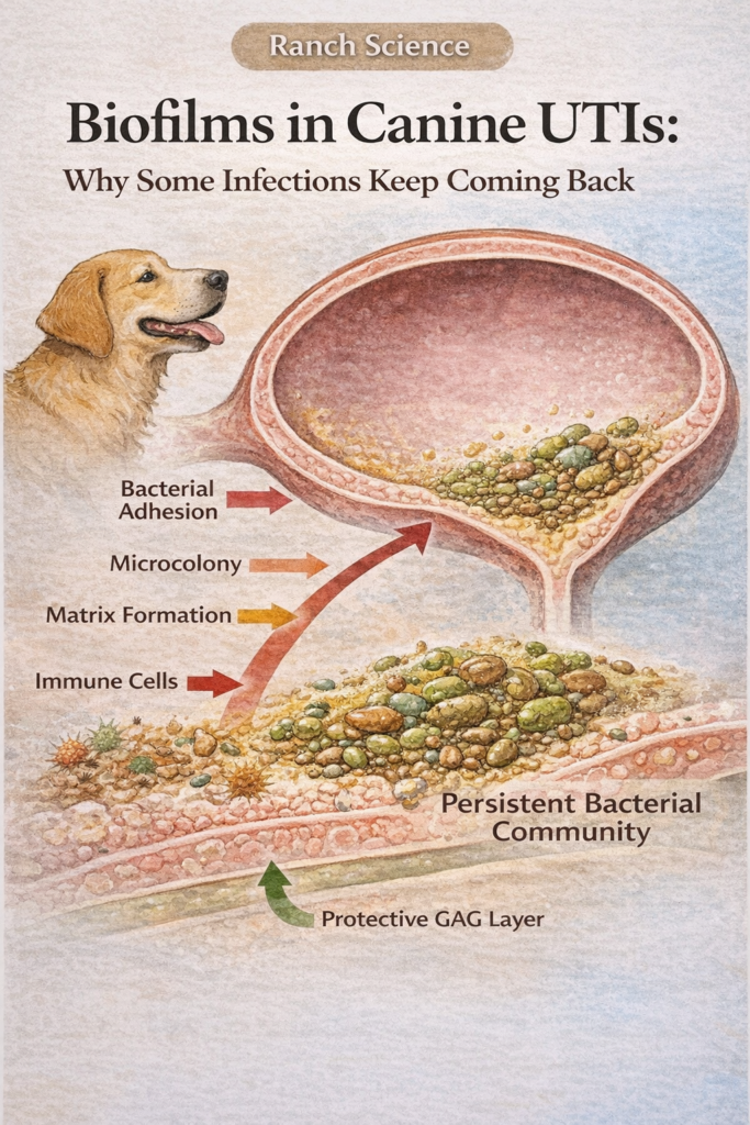Cutaway diagram of a dog’s bladder showing stages of biofilm formation including bacterial adhesion, microcolony development, extracellular matrix buildup, immune cell interaction, and disruption of the protective GAG layer.