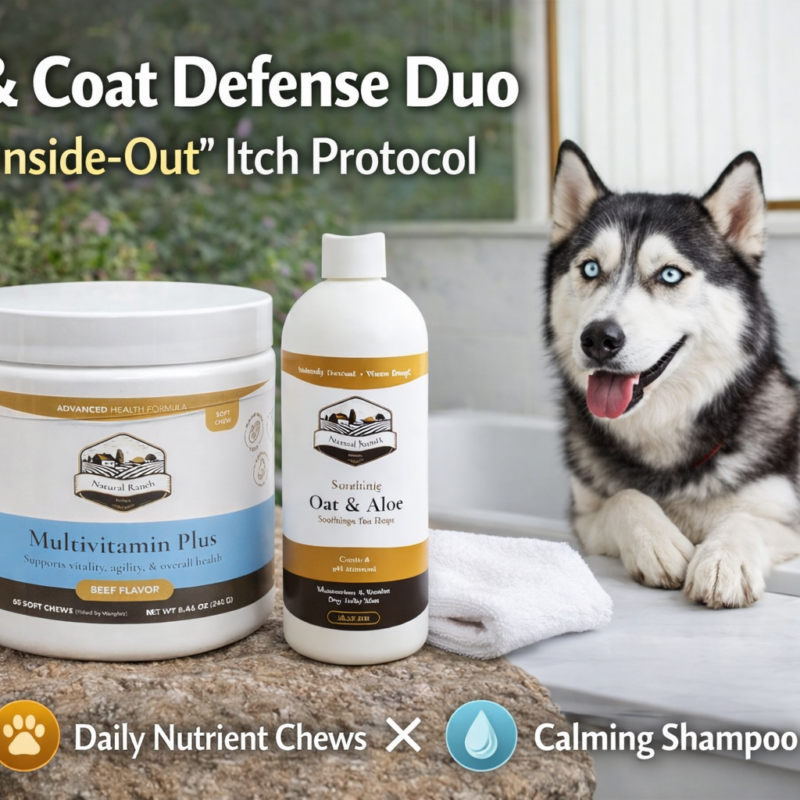Dog skin and coat support bundle featuring Natural Ranch Multivitamin Plus soft chews and oat and aloe soothing shampoo, designed to support itching, dry skin, and coat health from the inside out