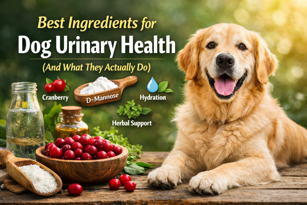 Golden Retriever with cranberry, D-mannose powder, and hydration elements illustrating key ingredients that support dog urinary tract health
