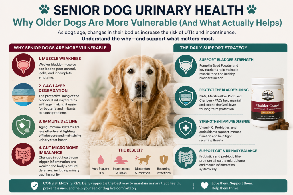 Senior golden retriever with infographic explaining senior dog urinary health, showing causes of UTIs and incontinence such as muscle weakness, bladder lining decline, immune aging, and gut imbalance alongside bladder support solutions and Bladder Guard Soft Chews.
