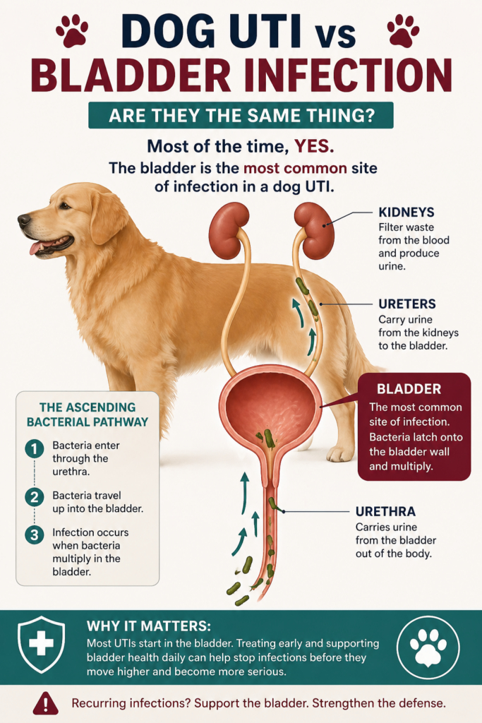 Dog urinary tract infographic comparing dog UTI vs bladder infection, showing kidneys, ureters, bladder, and urethra with the bladder highlighted as the most common infection site and arrows showing ascending bacterial movement from the urethra upward.