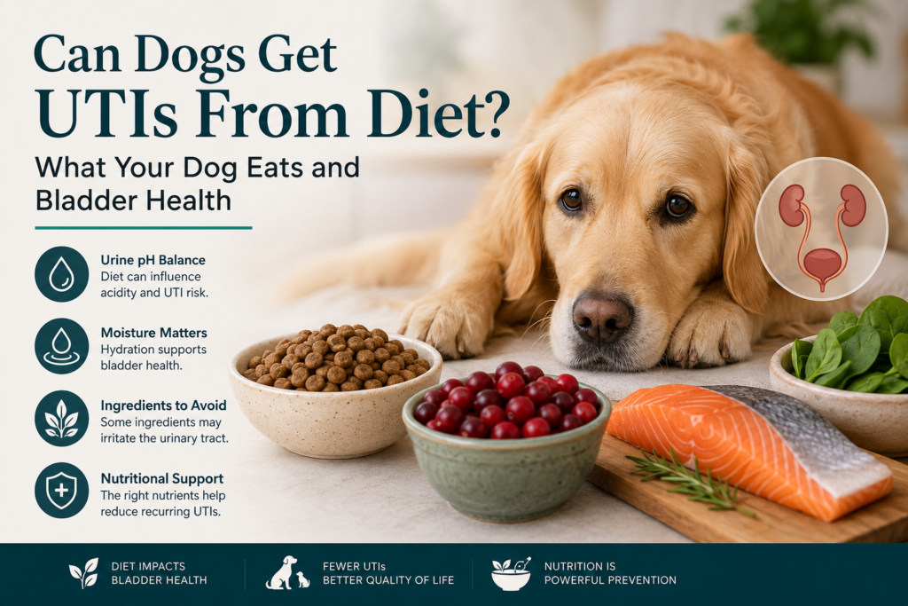 Golden retriever lying next to dog food and fresh ingredients with infographic explaining how diet affects dog urinary health, including urine pH, hydration, ingredients to avoid, and nutritional support for preventing UTIs.can dogs get UTIsfrom diet