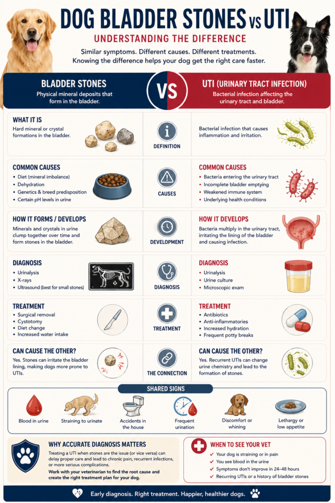 Educational infographic comparing dog bladder stones and urinary tract infections (UTIs). The graphic explains symptoms, causes, diagnosis methods, treatment options, and how bladder stones and UTIs are connected. Features dog illustrations, medical icons, urine sample graphics, and a side-by-side comparison layout in a Pinterest-style