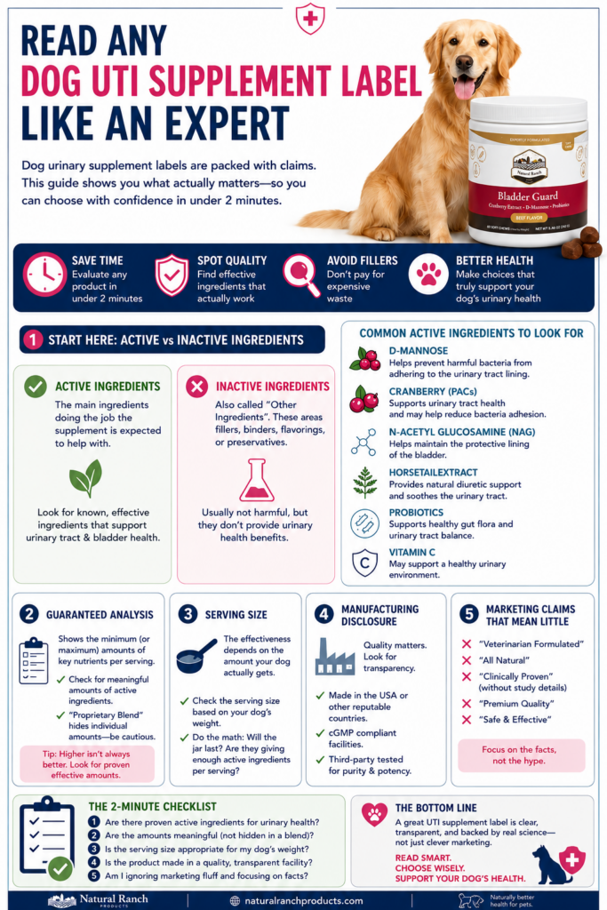Educational infographic explaining how to read a dog UTI supplement label, including active vs inactive ingredients, guaranteed analysis, serving size, manufacturing transparency, and common marketing claims. Features a golden retriever, supplement bottle, and urinary health ingredient icons in a clean Pinterest-style layout.