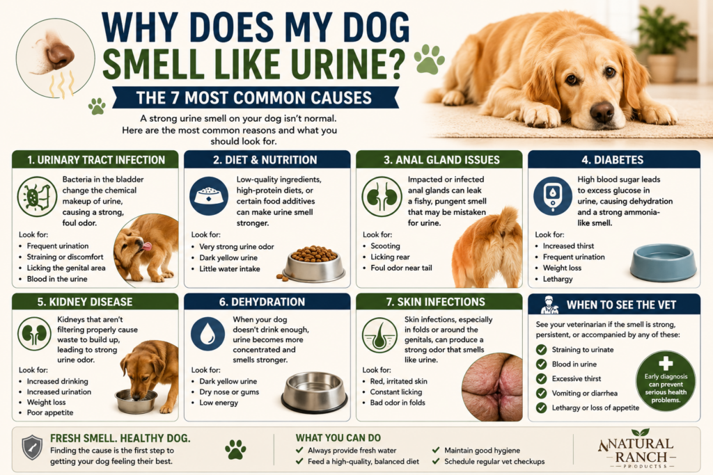 Educational infographic explaining seven common reasons why does my dog smell like urine?, including urinary tract infection, dehydration, kidney disease, diabetes, skin infections, diet issues, and anal gland problems. Features dog illustrations, urinary health icons, symptom lists, and veterinary guidance in a clean Pinterest-style layout.