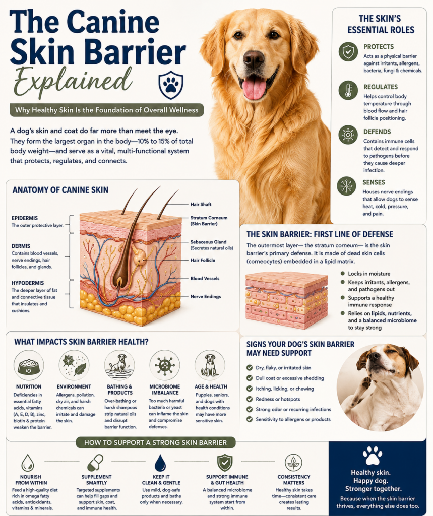 Educational infographic explaining the canine skin barrier and dog skin anatomy. Features a golden retriever, skin cross-section diagram, epidermis and dermis labels, immune defense functions, skin barrier health factors, and wellness tips for maintaining healthy dog skin and coat in a clean Pinterest-style layout.