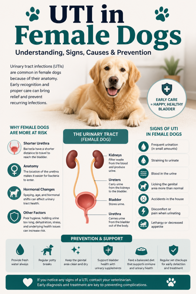 Infographic about UTIs in female dogs featuring a golden retriever, female canine urinary tract diagram, common symptoms of urinary tract infections, causes of increased risk in female dogs, and prevention tips for supporting bladder and urinary health.