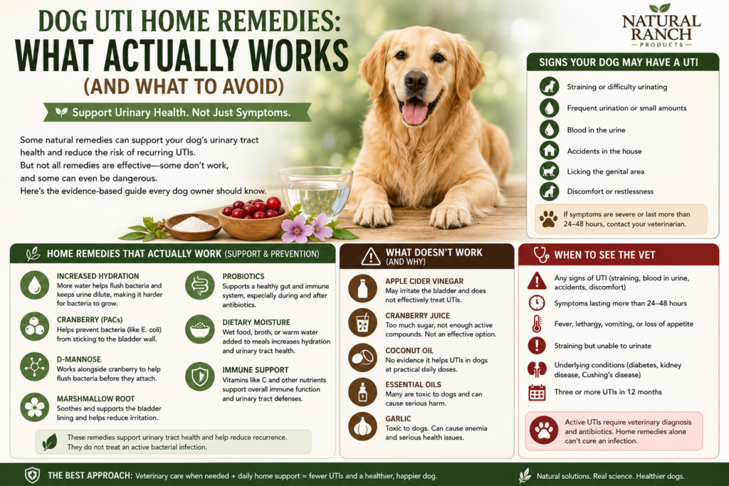 Educational infographic about dog UTI home remedies explaining what works and what to avoid. Includes hydration, cranberry PACs, D-Mannose, marshmallow root, probiotics, and dietary moisture as supportive strategies, while warning against garlic, essential oils, apple cider vinegar, and untreated infections. Features a golden retriever, urinary health icons, and veterinary guidance in a Pinterest-style layout.