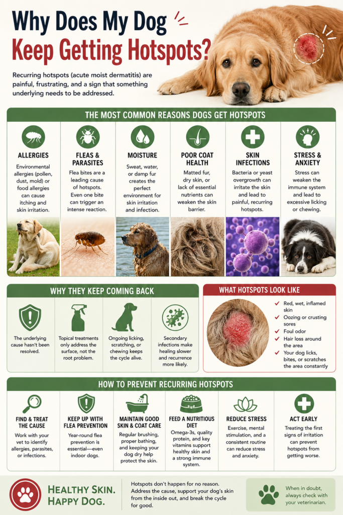 Educational infographic about recurring hotspots in dogs featuring a golden retriever with a skin hotspot. The graphic explains common causes including allergies, fleas, moisture, poor coat health, skin infections, and stress. Includes prevention tips, hotspot symptoms, and dog skin health recommendations in a clean