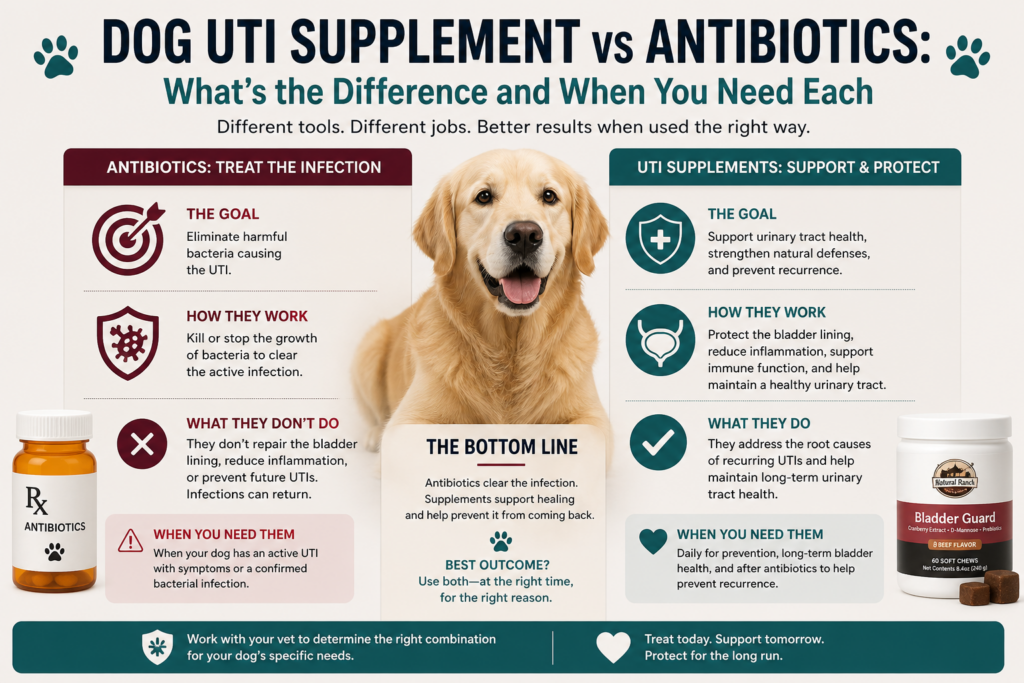 Infographic comparing dog UTI supplements vs antibiotics with a golden retriever in the center, showing how antibiotics treat active bacterial infections while bladder supplements support urinary tract health, bladder lining protection, immune function, and long-term prevention of recurring UTIs.