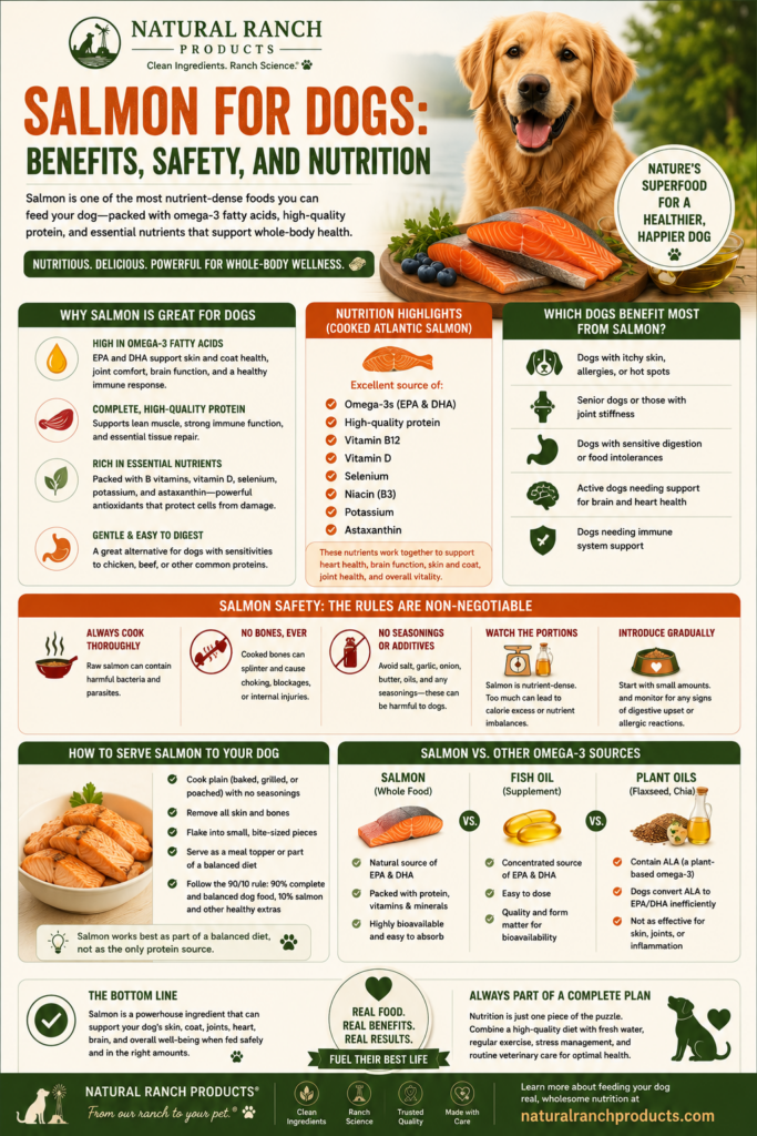 Salmon for Dogs: Benefits, Safety & Nutrition infographic by Natural Ranch Products showing omega-3 benefits, protein content, essential nutrients, salmon safety rules, feeding recommendations, and how salmon supports skin, coat, joints, brain, heart, and immune health in dogs.