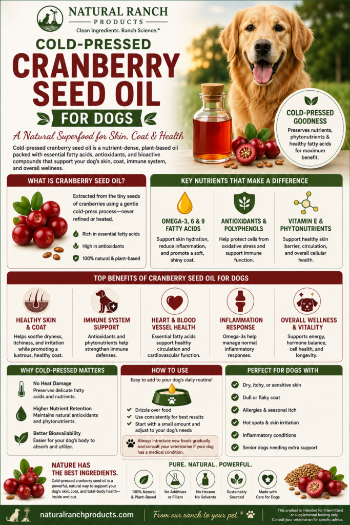 Cold-Pressed Cranberry Seed Oil for Dogs: A Natural Superfood for Skin, Coat & Health educational infographic featuring a golden retriever, cranberries, and cranberry seed oil. The infographic explains the benefits of cold-pressed cranberry seed oil for dogs, including omega-3, 6, and 9 fatty acids, antioxidants, vitamin E, and phytonutrients that support skin and coat health, immune function, inflammation response, heart health, and overall wellness. It also explains why cold-pressed processing preserves nutrients and identifies dogs that may benefit from additional skin, coat, and wellness support. Designed in a Pinterest-style educational pet wellness infographic.