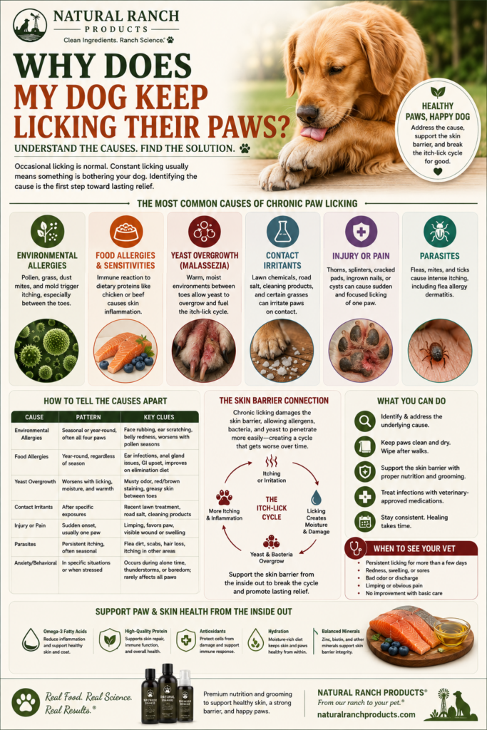 Why Does My Dog Keep Licking Their Paws infographic by Natural Ranch Products showing the most common causes of chronic paw licking in dogs, including environmental allergies, food sensitivities, yeast overgrowth, contact irritants, injuries, parasites, and skin barrier damage, with prevention and treatment tips for healthy paws.