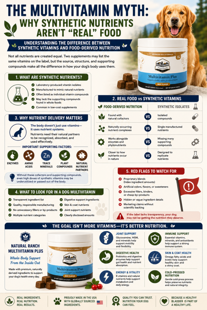 The Multivitamin Myth: Why Synthetic  vitamins Nutrients Aren't "Real" Food educational infographic featuring Natural Ranch Products Multivitamin Plus soft chews. The infographic compares synthetic vitamins and food-derived nutrients, explains how nutrient systems work in the body, highlights nutrient cofactors and supporting compounds, identifies common supplement red flags, and provides a checklist for choosing a high-quality dog multivitamin. Includes sections on joint health, immune support, digestive health, skin and coat wellness, and cold-pressed nutritional support in a Pinterest-style educational layout.