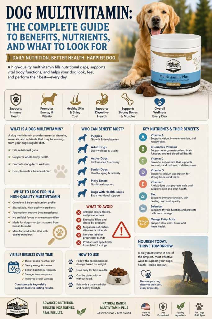 Dog Multivitamin: The Complete Guide to Benefits, Nutrients, and What to Look For educational infographic featuring a golden retriever and Natural Ranch Products Multivitamin Plus soft chews. The infographic explains the benefits of daily multivitamins for dogs, including immune support, energy and vitality, healthy skin and coat, digestive health, strong bones and muscles, and overall wellness. It highlights key nutrients such as vitamins A, B-complex, C, D, E, zinc, selenium, and omega fatty acids, identifies which dogs benefit most, explains what to look for in a high-quality multivitamin, and provides guidance on daily use and expected results. Designed in a clean Pinterest-style pet wellness format.