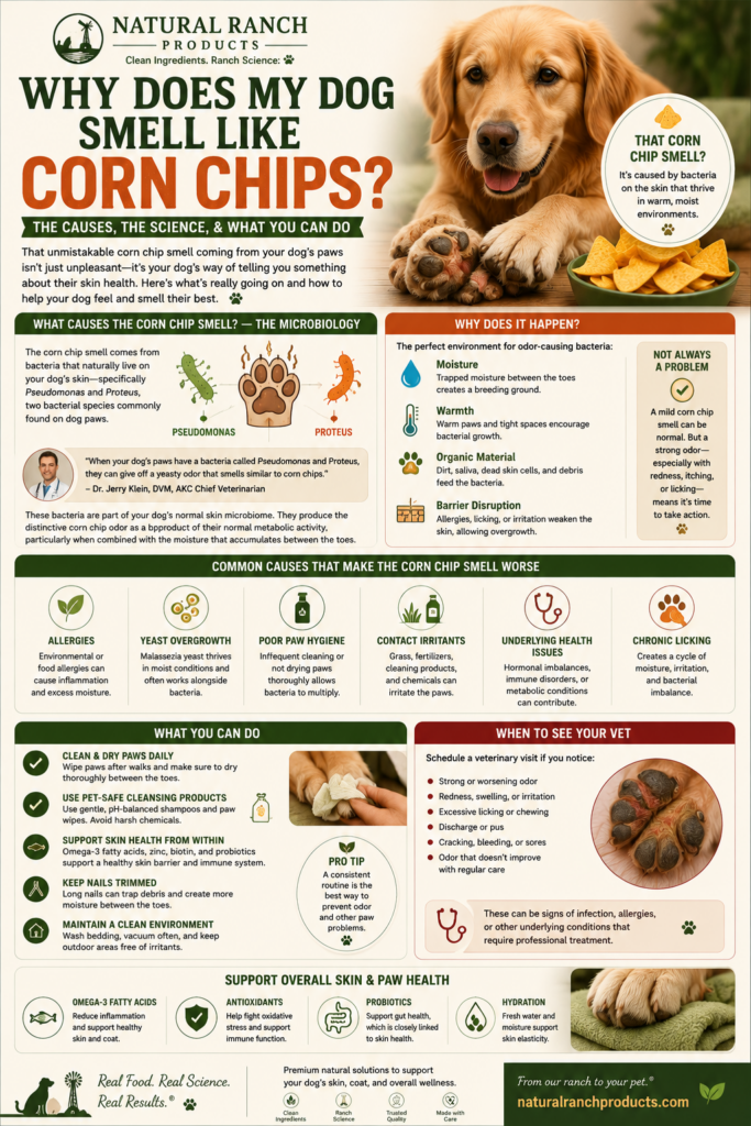 Infographic titled " why does my dog smell like corn chips " showing a dog's paw with illustrations of skin bacteria, moisture between the toes, and an explanation of how naturally occurring bacteria such as Pseudomonas and Proteus can create the familiar corn chip or "Frito feet" odor. Includes tips for when the smell is normal and when it may signal a yeast or bacterial infection. Natural Ranch Products branding.