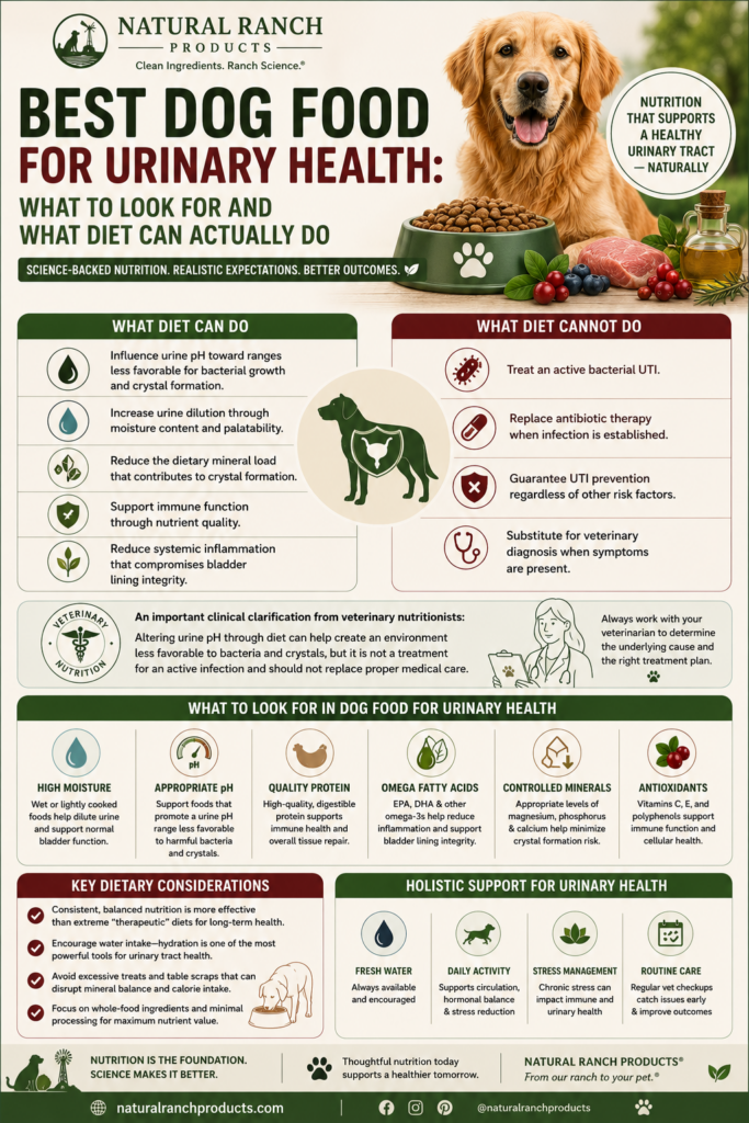 Best Dog Food for Urinary Health: What to Look For and What Diet Can Actually Do educational infographic from Natural Ranch Products featuring a golden retriever and a bowl of dog food. The infographic explains what diet can and cannot do for canine urinary health, including influencing urine pH, increasing moisture intake, supporting immune function, and reducing inflammation. It highlights important dietary factors such as high-moisture foods, quality protein, omega fatty acids, controlled minerals, antioxidants, and hydration while emphasizing that diet cannot treat an active bacterial UTI or replace veterinary care. Designed in a Pinterest-style educational infographic with Natural Ranch Products branding focused on dog bladder and urinary tract health.