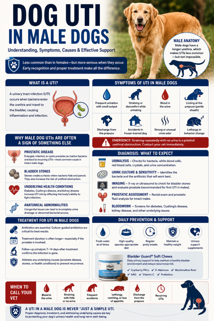 Dog UTI in male dogs infographic showing common symptoms including frequent urination, straining, blood in urine, prepuce licking, underlying causes such as prostate disease and bladder stones, diagnostic testing, treatment options, and daily prevention strategies for canine urinary health.