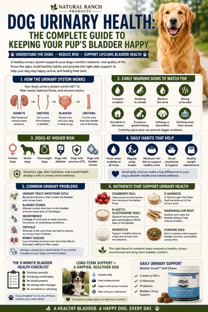 Dog Urinary Health: The Complete Guide to Keeping Your Pup's Bladder Happy educational infographic showing the canine urinary system, early warning signs of urinary problems, common bladder conditions, urinary health risk factors, daily prevention habits, and evidence-supported nutrients including cranberry PACs, D-mannose, probiotics, marshmallow root, N-acetyl glucosamine, and pumpkin seed. Features Natural Ranch Products Bladder Guard soft chews in a clean Pinterest-style dog wellness infographic focused on long-term urinary health and prevention.