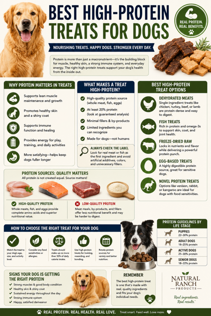 Best High-Protein Treats for Dogs educational infographic featuring a golden retriever and a border collie. The infographic explains why protein matters in dog treats, what makes a treat high in protein, and the best high-protein treat options including dehydrated meats, fish treats, freeze-dried raw treats, egg-based treats, and novel proteins. It compares high-quality versus low-quality protein sources, provides protein guidelines by life stage, explains how to choose the right treat for your dog, and highlights signs your dog is getting adequate protein. Includes Natural Ranch Products branding in a clean Pinterest-style wellness infographic layout.