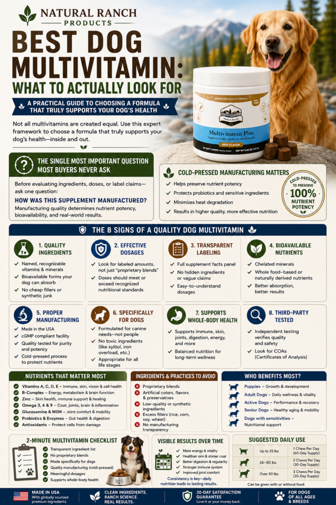 Best Dog Multivitamin: What to Actually Look For educational infographic featuring Natural Ranch Products Multivitamin Plus soft chews and a golden retriever. The infographic explains the eight signs of a quality dog multivitamin, including transparent labeling, meaningful dosages, cold-pressed manufacturing, quality ingredients, vitamin and mineral balance, digestive support, skin and coat support, and third-party testing. It includes a 2-minute buyer's checklist, common red flags to avoid, and guidance on choosing a dog multivitamin that supports immune health, energy, mobility, digestion, and overall wellness. Designed in a clean Pinterest-style educational format for dog owners researching the best dog multivitamins.