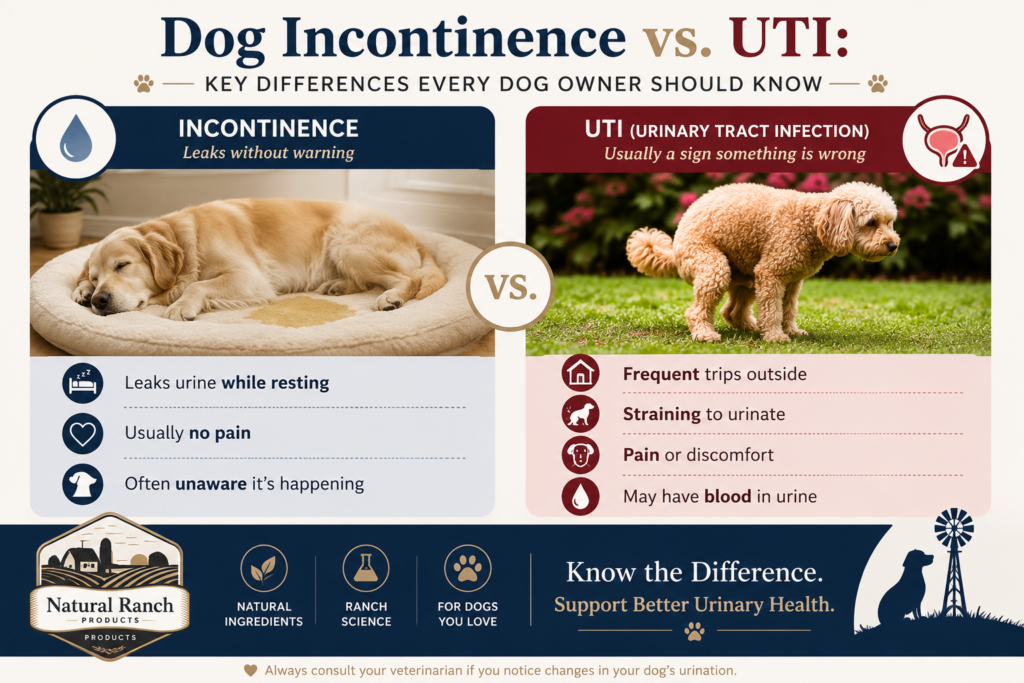 Comparison infographic showing the differences between dog incontinence vs urinary tract infection (UTI), including common symptoms such as urine leakage, frequent urination, straining, and discomfort.