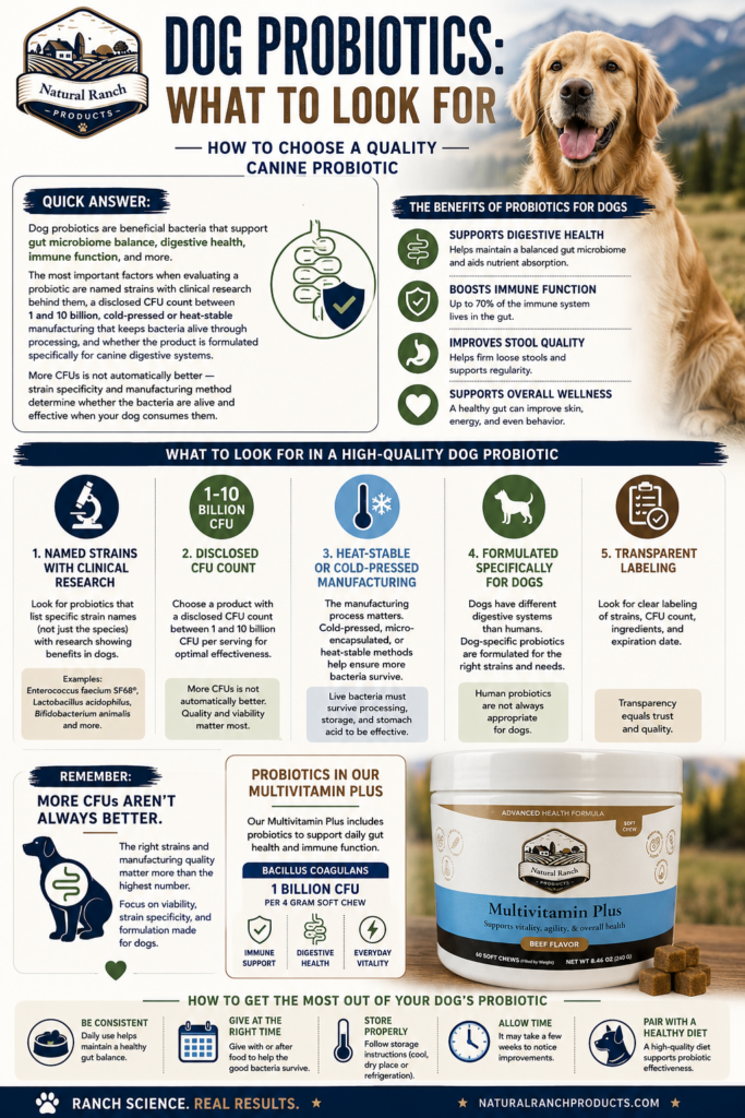 Infographic explaining how to choose the best dog probiotic, including the benefits of probiotics for gut health and immunity, the importance of named probiotic strains, 1–10 billion CFUs, heat-stable or cold-processed manufacturing, and why more CFUs are not always better.