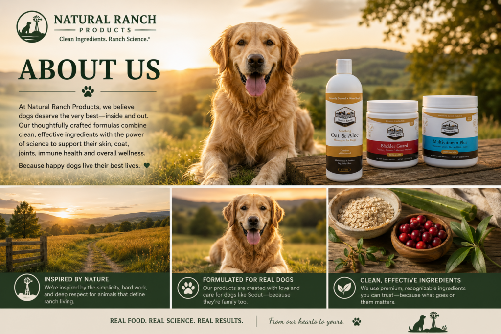 Natural Ranch Products premium dog wellness products with a happy Golden Retriever outdoors, showcasing natural pet nutrition and wellness supplements.