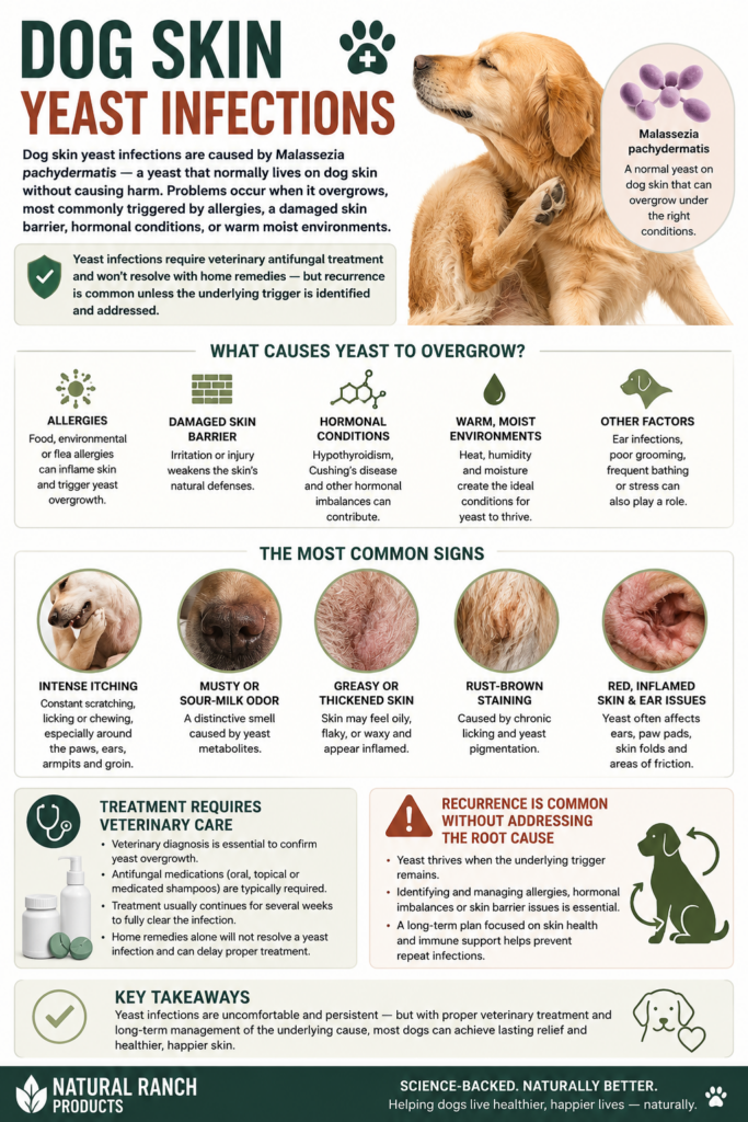 Infographic explaining dog skin yeast infections caused by Malassezia pachydermatis, including common causes, symptoms such as itching and musty odor, veterinary treatment, and prevention tips.