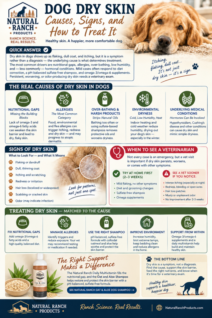 Natural Ranch Products infographic explaining the common causes of dogs dry skin , including nutritional gaps, allergies, over-bathing, environmental dryness, and underlying medical conditions, with signs to watch for, when to see a veterinarian, and treatment approaches featuring Oat & Aloe Dog Shampoo and a daily multivitamin.